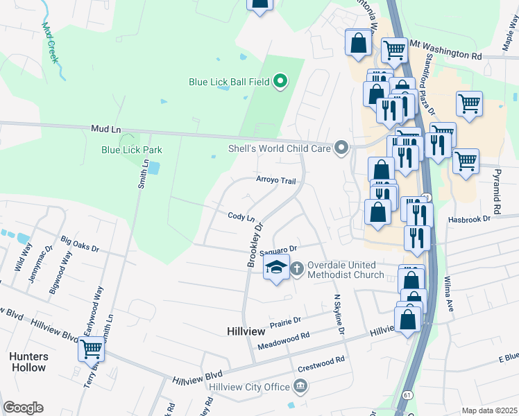map of restaurants, bars, coffee shops, grocery stores, and more near 11406 Nez Perce Way in Louisville
