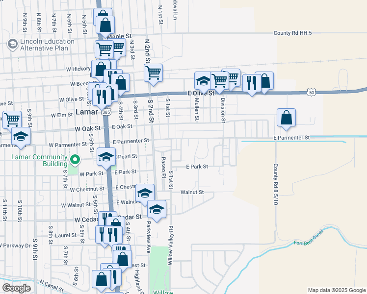 map of restaurants, bars, coffee shops, grocery stores, and more near 505 Stewart Pl in Lamar