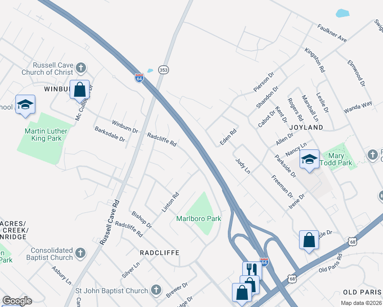 map of restaurants, bars, coffee shops, grocery stores, and more near 260 Radcliffe Road in Lexington