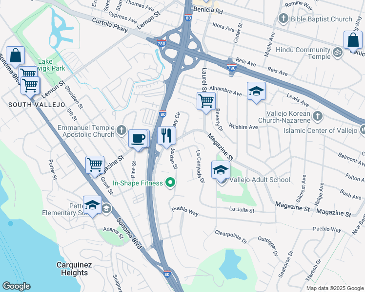 map of restaurants, bars, coffee shops, grocery stores, and more near 220 La Canyada Drive in Vallejo