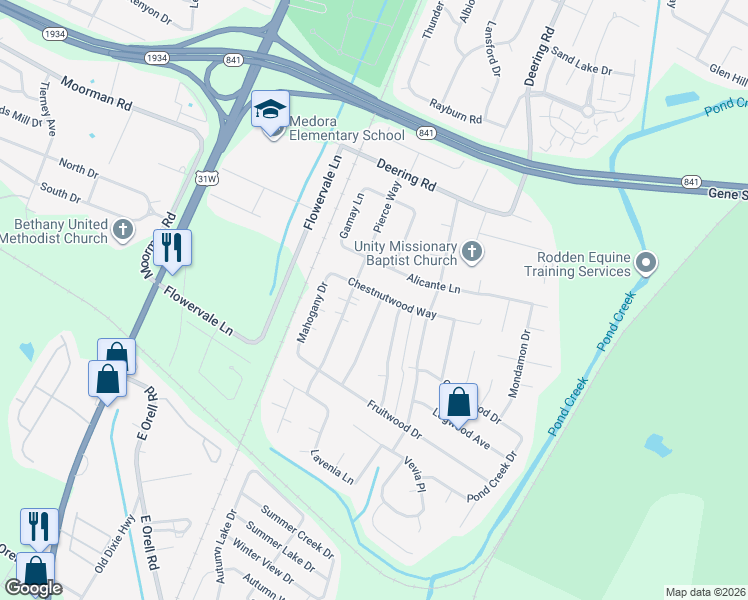 map of restaurants, bars, coffee shops, grocery stores, and more near 11700 Dearing Woods Drive in Louisville