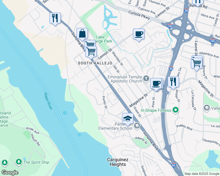 map of restaurants, bars, coffee shops, grocery stores, and more near 485 Sonoma Boulevard in Vallejo