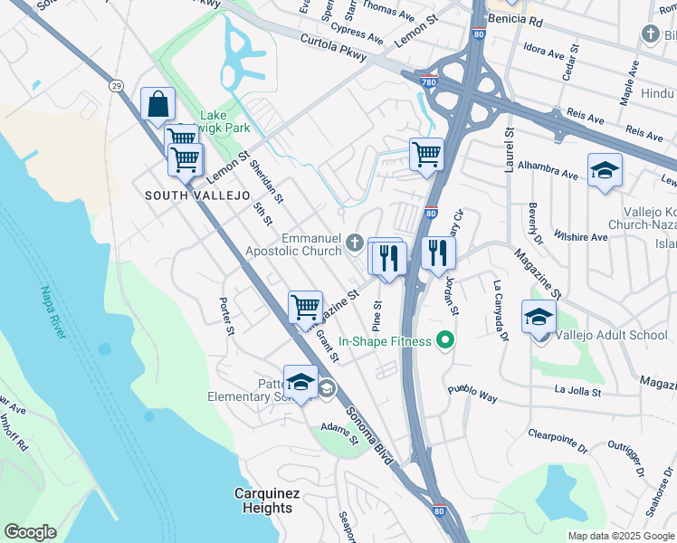 map of restaurants, bars, coffee shops, grocery stores, and more near 924 Sheridan Street in Vallejo