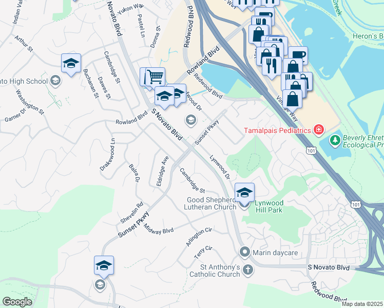 map of restaurants, bars, coffee shops, grocery stores, and more near 415 Sunset Parkway in Novato