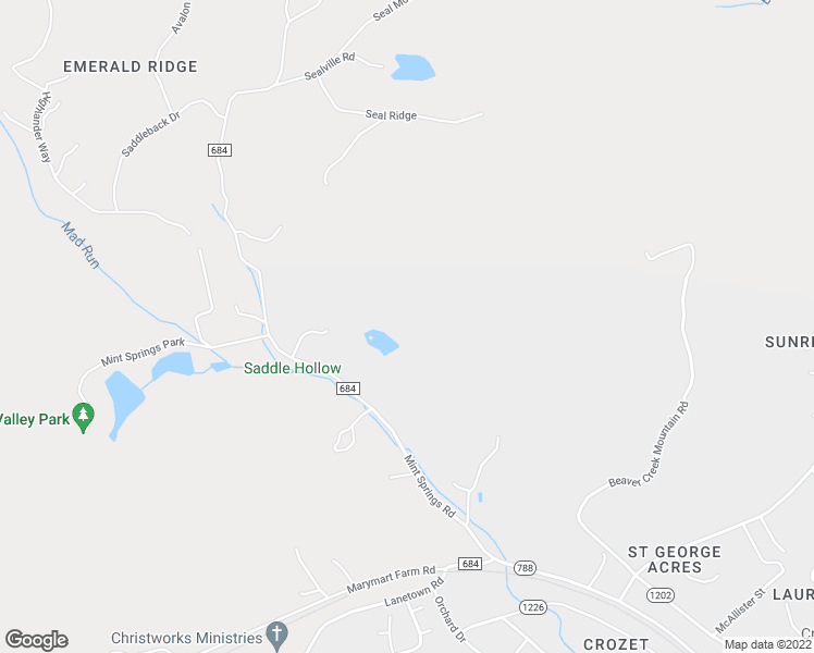 map of restaurants, bars, coffee shops, grocery stores, and more near 1687 Mint Springs Road in Crozet