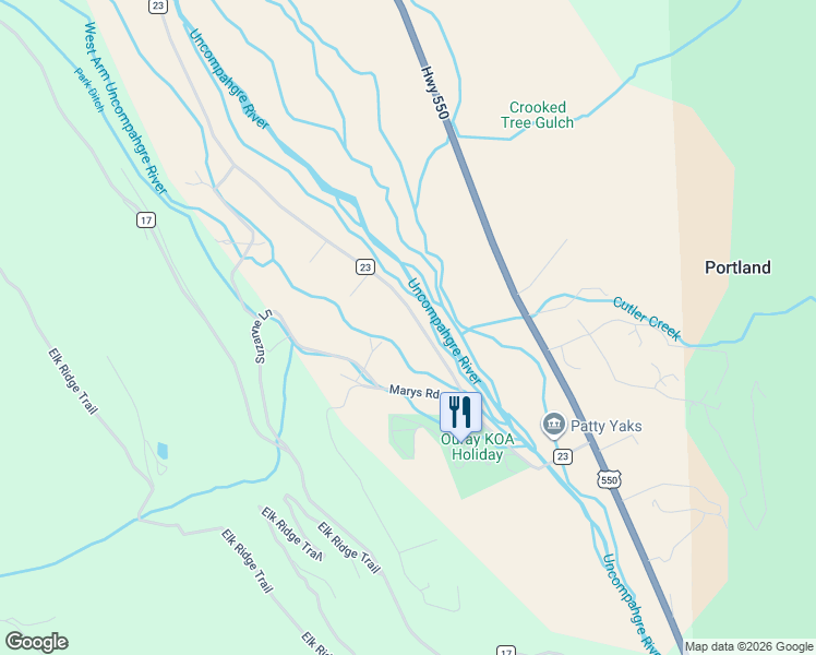 map of restaurants, bars, coffee shops, grocery stores, and more near 479 County Road 23 in Ridgway