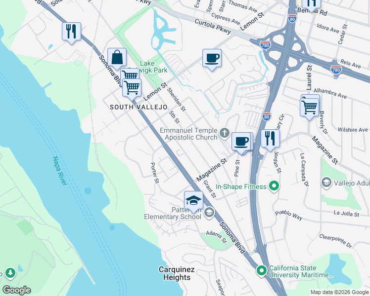 map of restaurants, bars, coffee shops, grocery stores, and more near 834 Grant Street in Vallejo