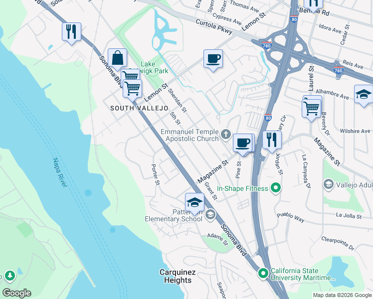 map of restaurants, bars, coffee shops, grocery stores, and more near 834 Grant Street in Vallejo