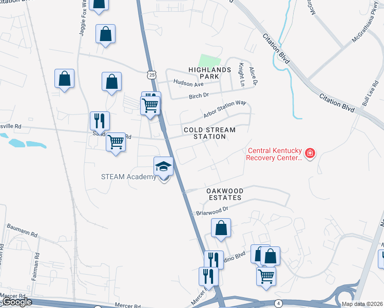 map of restaurants, bars, coffee shops, grocery stores, and more near 877 Hidden Stream Drive in Lexington