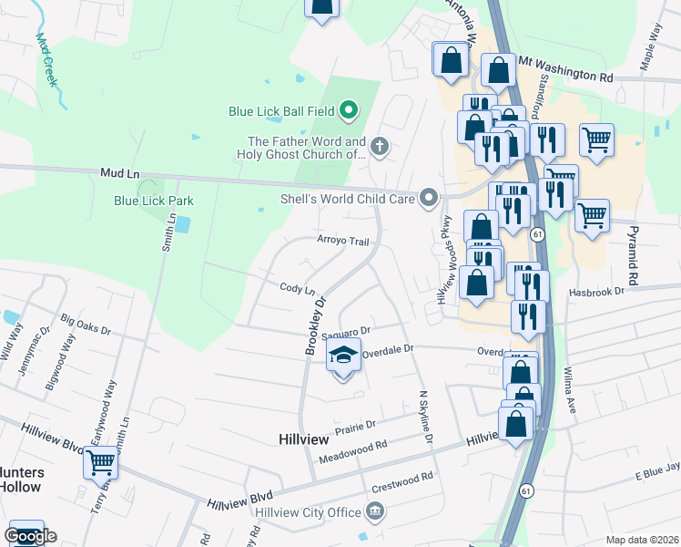 map of restaurants, bars, coffee shops, grocery stores, and more near 11502 Brookley Drive in Louisville