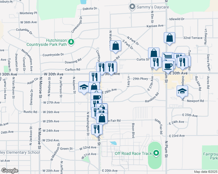 map of restaurants, bars, coffee shops, grocery stores, and more near 14 East 28th Avenue in Hutchinson