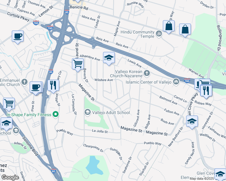 map of restaurants, bars, coffee shops, grocery stores, and more near 208 Arguello Avenue in Vallejo