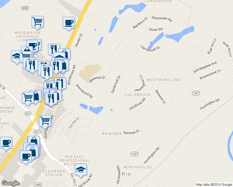map of restaurants, bars, coffee shops, grocery stores, and more near 408 Eastbrook Drive in Charlottesville
