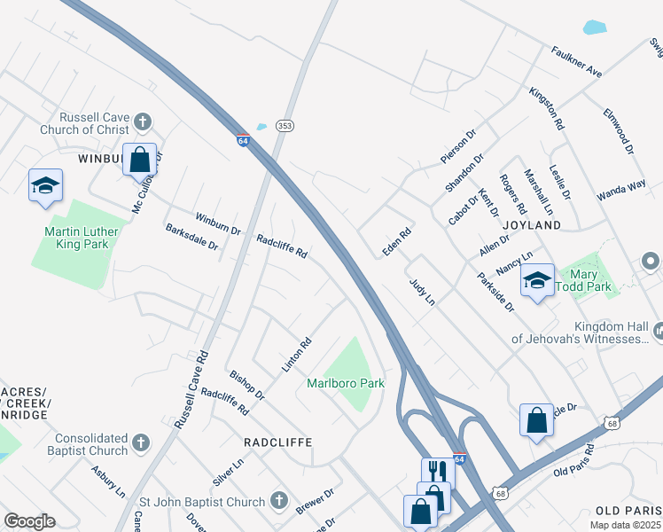 map of restaurants, bars, coffee shops, grocery stores, and more near 260 Radcliffe Road in Lexington