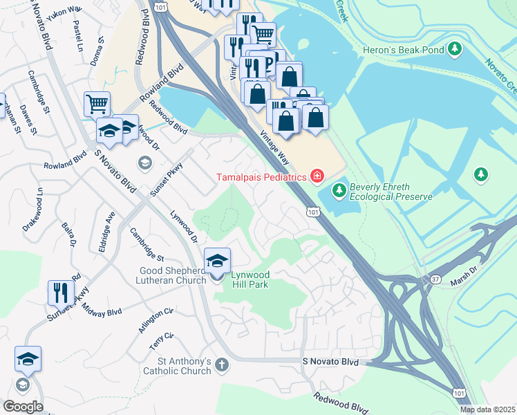 map of restaurants, bars, coffee shops, grocery stores, and more near Oak Crest Ct & Redwood Blvd in Novato