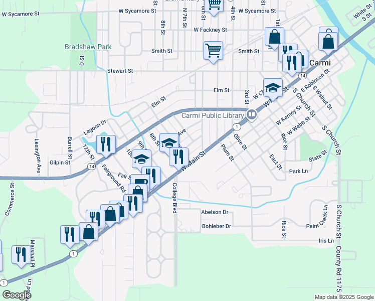 map of restaurants, bars, coffee shops, grocery stores, and more near 209 Herbert Avenue in Carmi