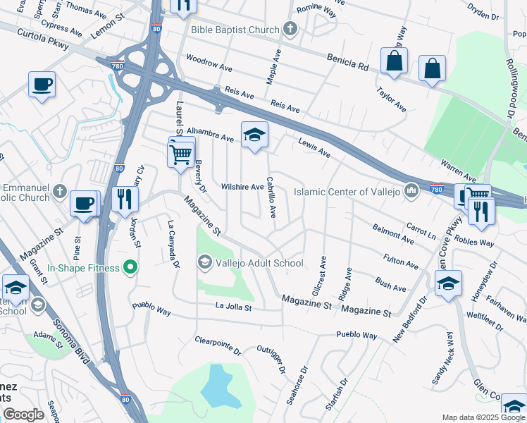 map of restaurants, bars, coffee shops, grocery stores, and more near 208 Arguello Avenue in Vallejo