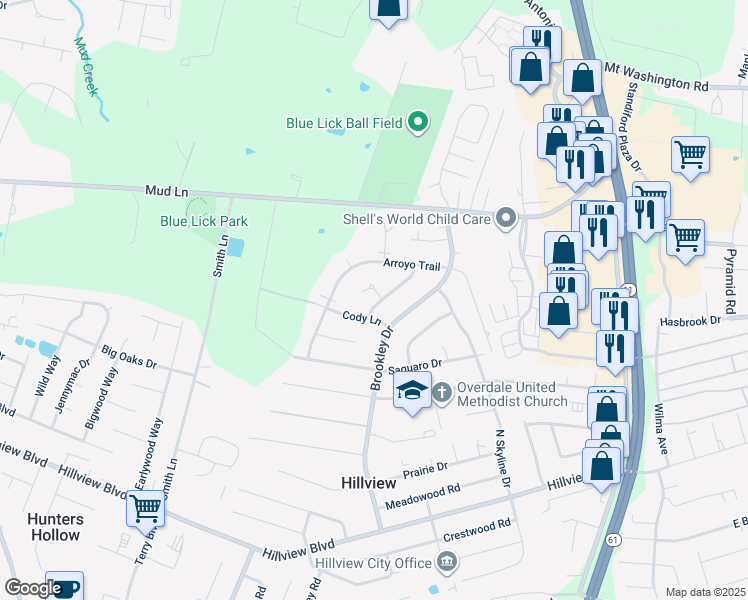 map of restaurants, bars, coffee shops, grocery stores, and more near 11406 Nez Perce Way in Louisville