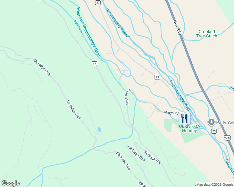 map of restaurants, bars, coffee shops, grocery stores, and more near 285 Suzanne Lane in Ridgway