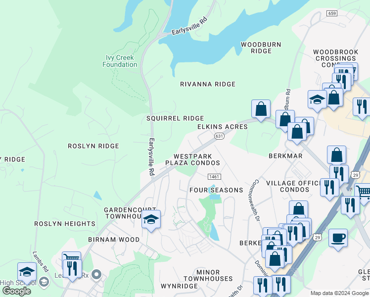 map of restaurants, bars, coffee shops, grocery stores, and more near 352 Rio Road West in Charlottesville