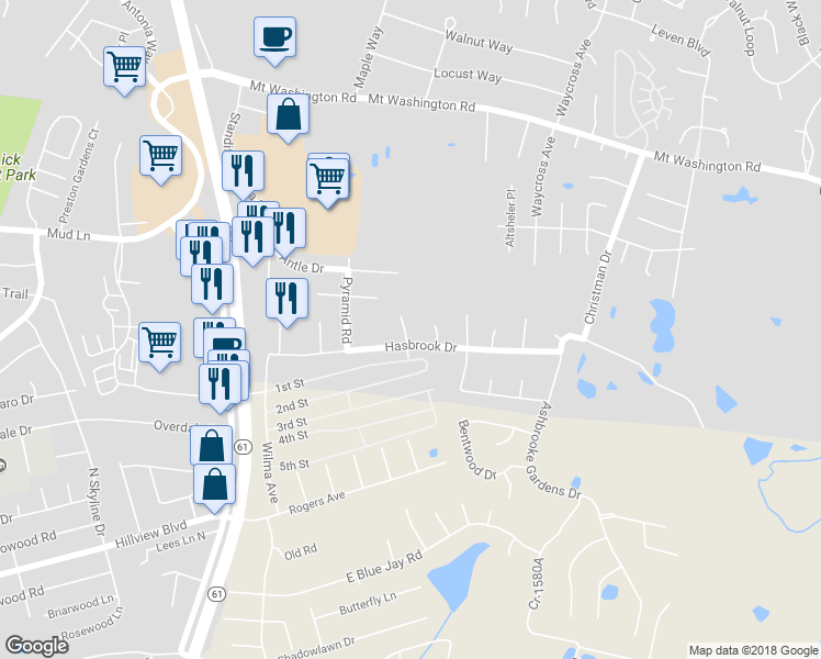 map of restaurants, bars, coffee shops, grocery stores, and more near 11209 Ginger Road in Louisville