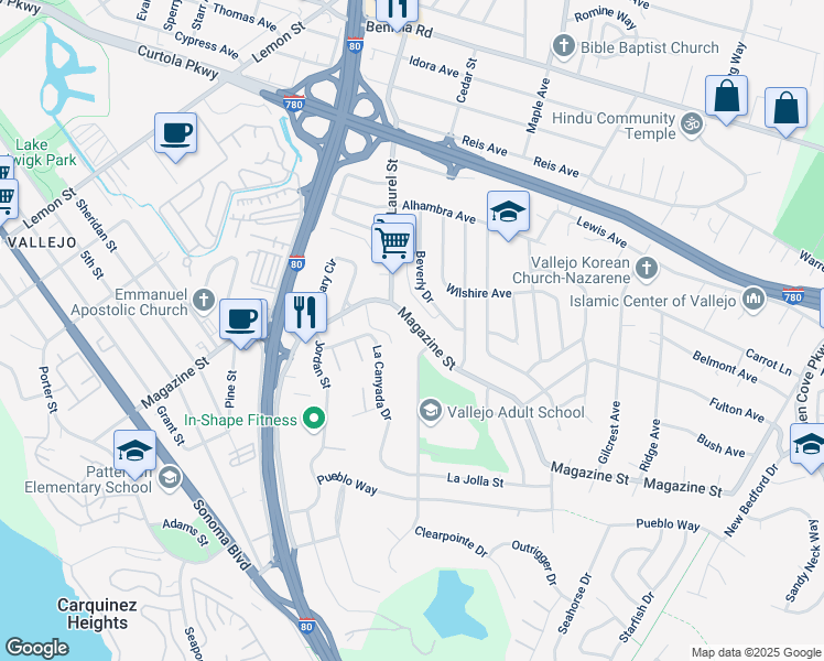 map of restaurants, bars, coffee shops, grocery stores, and more near 1317 Magazine Street in Vallejo