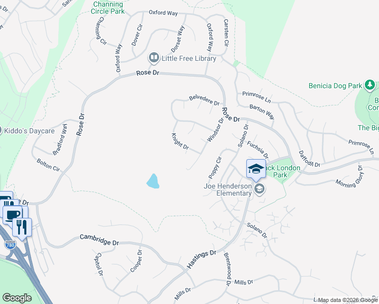 map of restaurants, bars, coffee shops, grocery stores, and more near 668 Knight Drive in Benicia