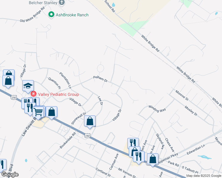 map of restaurants, bars, coffee shops, grocery stores, and more near 104 Pelham Knolls Court in Waynesboro