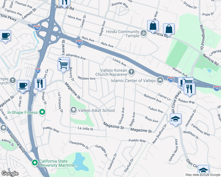 map of restaurants, bars, coffee shops, grocery stores, and more near 464 Wilshire Avenue in Vallejo