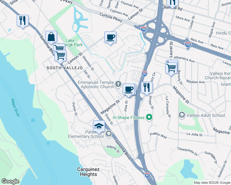 map of restaurants, bars, coffee shops, grocery stores, and more near 924 Sheridan Street in Vallejo