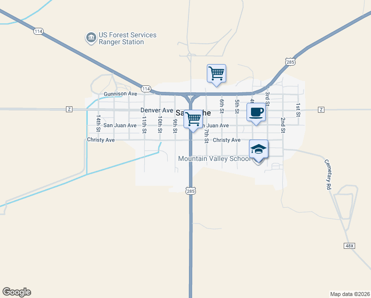 map of restaurants, bars, coffee shops, grocery stores, and more near 535 8th Street in Saguache