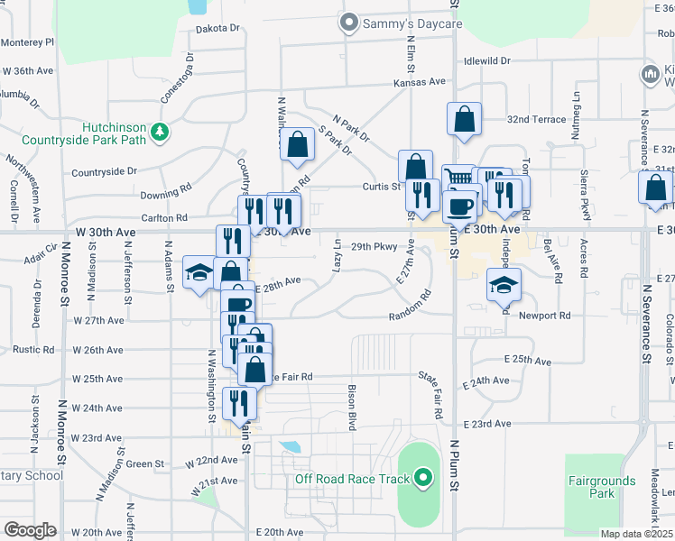 map of restaurants, bars, coffee shops, grocery stores, and more near 1 Circle Drive in Hutchinson
