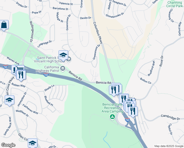 map of restaurants, bars, coffee shops, grocery stores, and more near 143 Nautical Court in Vallejo