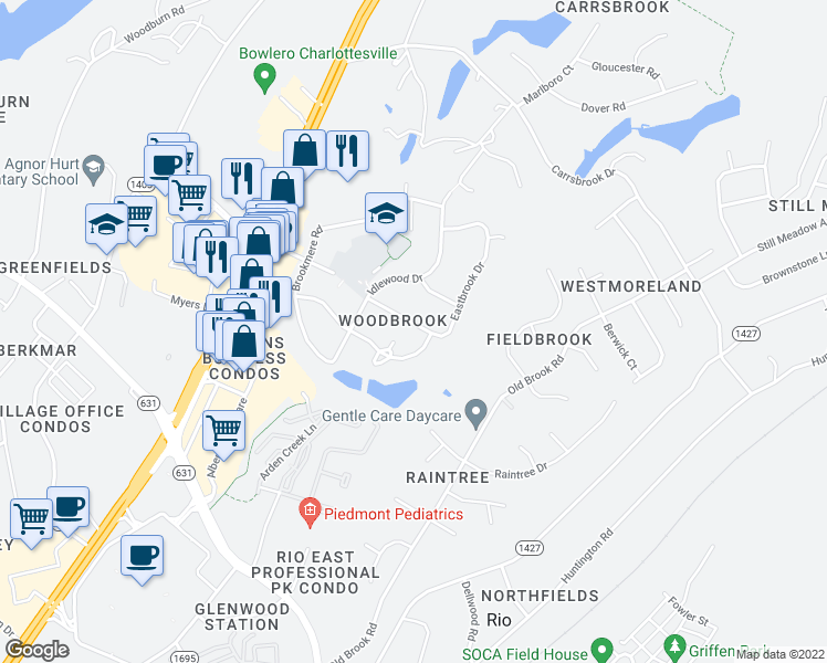 map of restaurants, bars, coffee shops, grocery stores, and more near 318 Eastbrook Drive in Charlottesville