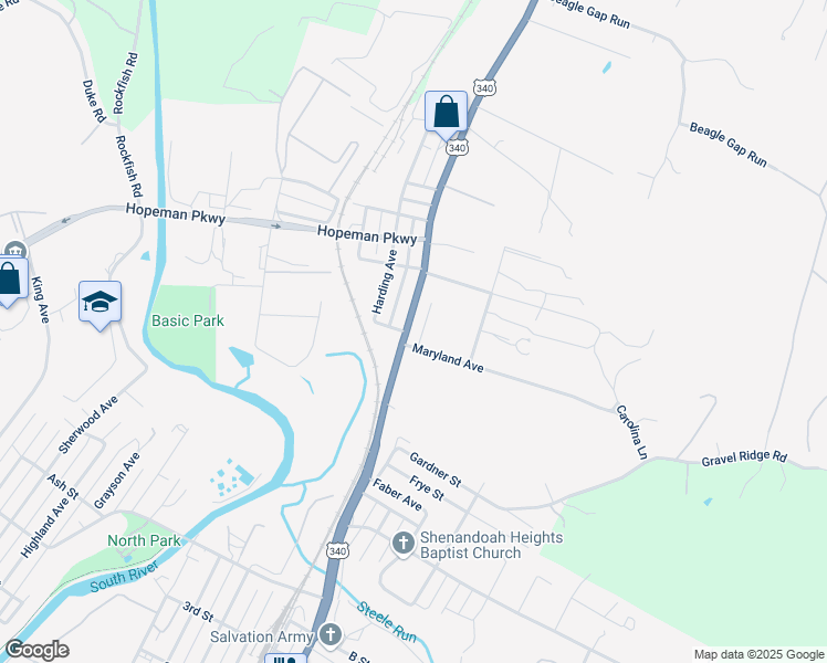 map of restaurants, bars, coffee shops, grocery stores, and more near 1408 North Delphine Avenue in Waynesboro