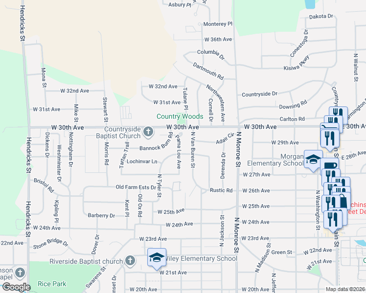 map of restaurants, bars, coffee shops, grocery stores, and more near 2802 Pama Lou Avenue in Hutchinson