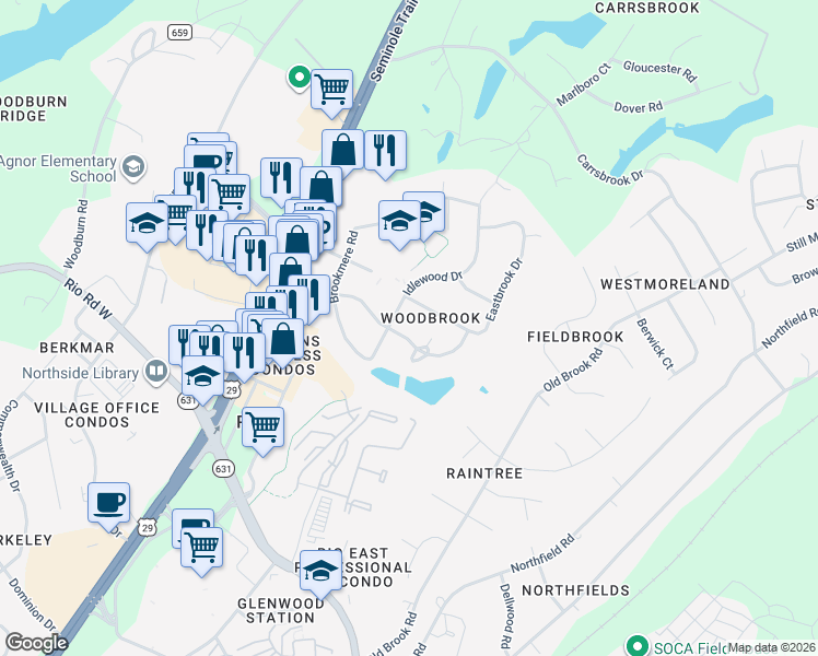 map of restaurants, bars, coffee shops, grocery stores, and more near 301-305 Brentwood Road in Charlottesville