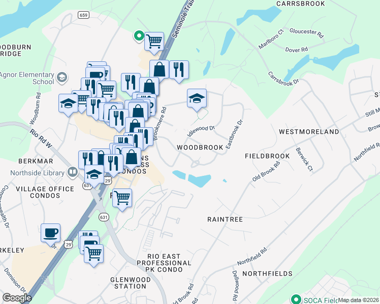 map of restaurants, bars, coffee shops, grocery stores, and more near 305 Brentwood Road in Charlottesville