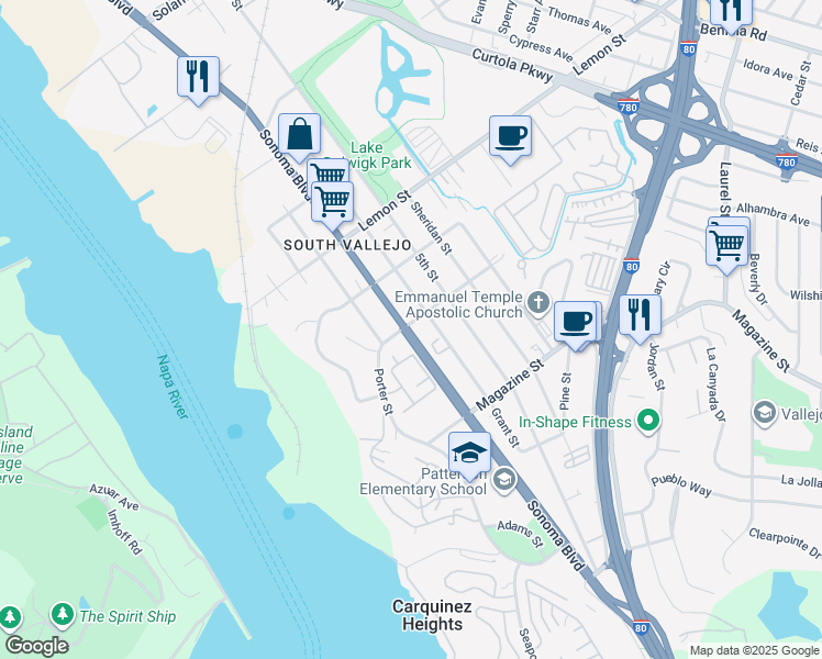 map of restaurants, bars, coffee shops, grocery stores, and more near 485 Sonoma Boulevard in Vallejo