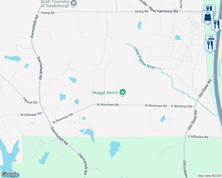 map of restaurants, bars, coffee shops, grocery stores, and more near 11701 Oak Trail Drive in Evansville