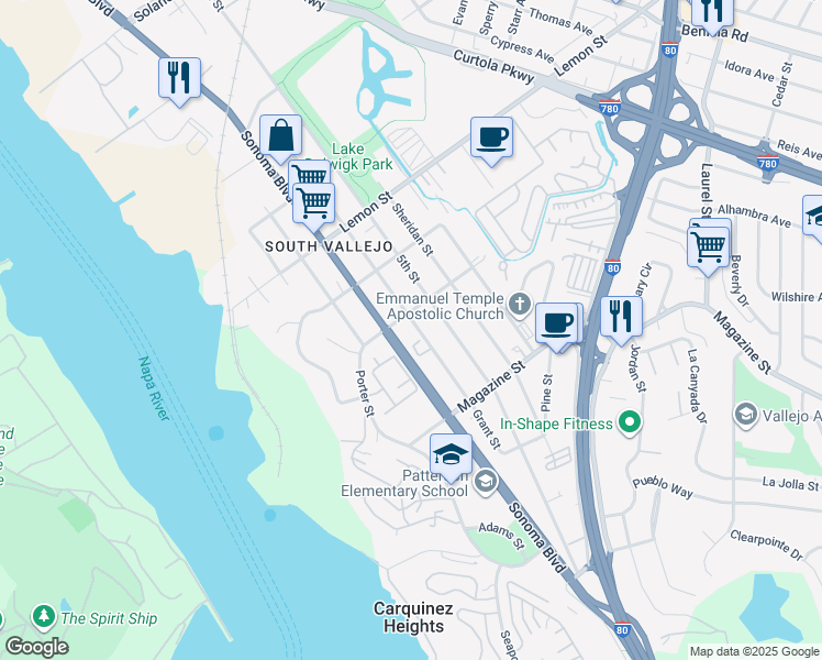 map of restaurants, bars, coffee shops, grocery stores, and more near 822 Grant Street in Vallejo