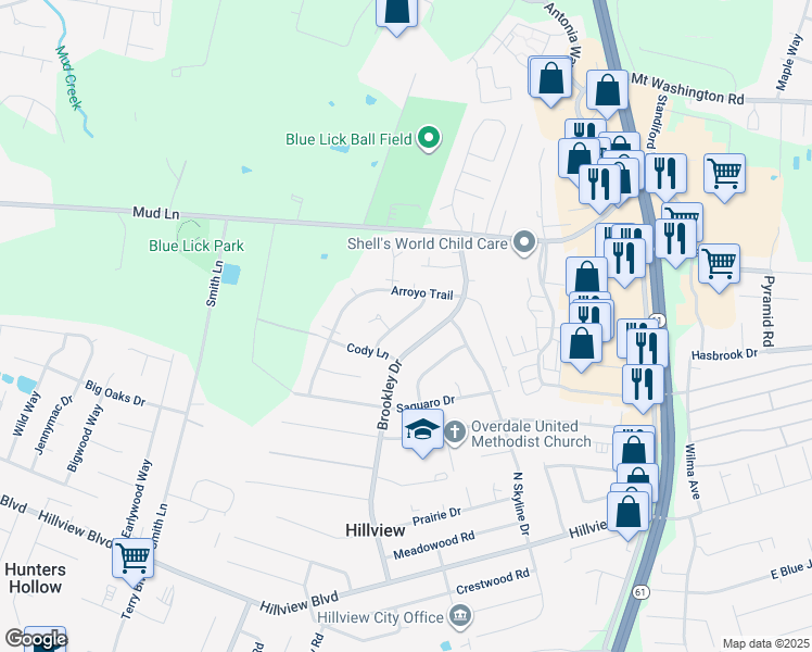 map of restaurants, bars, coffee shops, grocery stores, and more near 11315 Nez Perce Way in Louisville