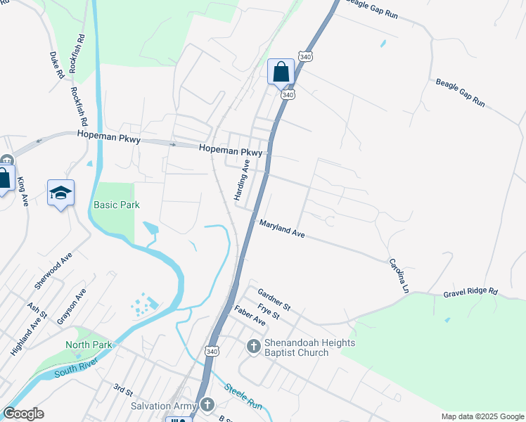 map of restaurants, bars, coffee shops, grocery stores, and more near 1410 North Delphine Avenue in Waynesboro