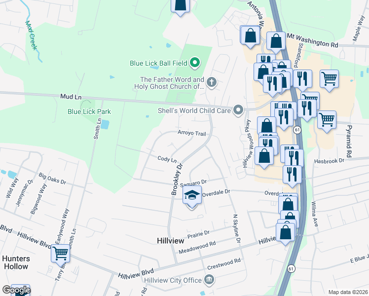 map of restaurants, bars, coffee shops, grocery stores, and more near 11502 Brookley Drive in Louisville