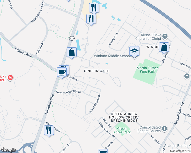 map of restaurants, bars, coffee shops, grocery stores, and more near 1088 Griffin Gate Drive in Lexington