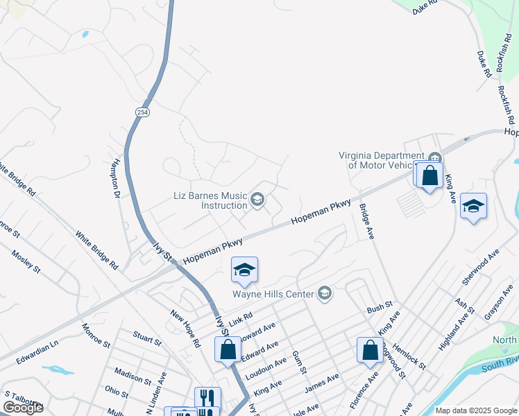 map of restaurants, bars, coffee shops, grocery stores, and more near 168 Cheshire Lane in Waynesboro