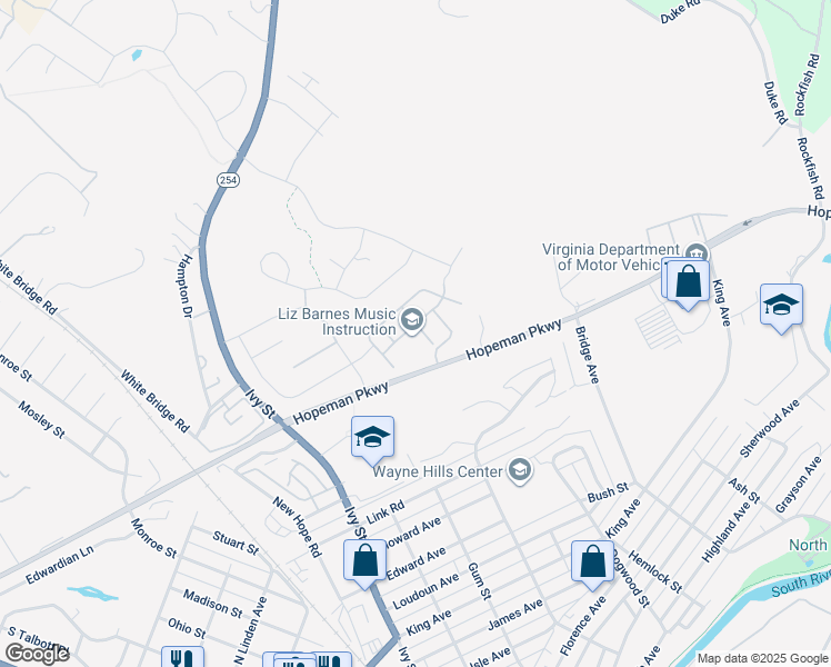 map of restaurants, bars, coffee shops, grocery stores, and more near 168 Cheshire Lane in Waynesboro