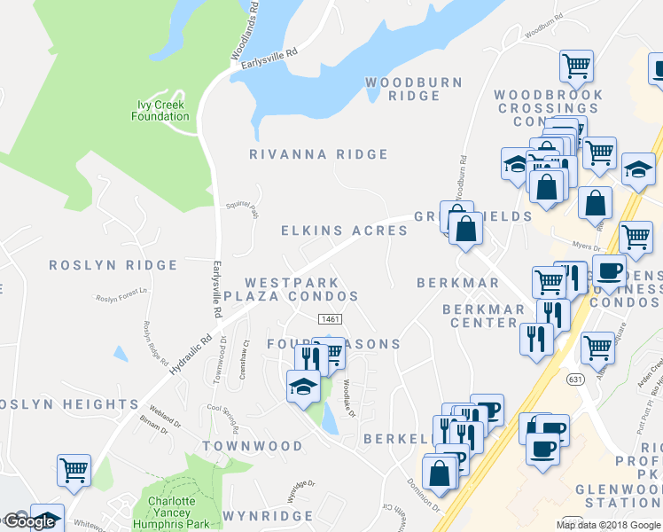 map of restaurants, bars, coffee shops, grocery stores, and more near 1078 Lake Forest Drive in Charlottesville
