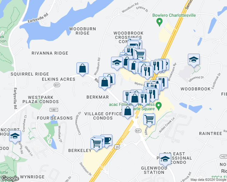 map of restaurants, bars, coffee shops, grocery stores, and more near 652 Rio Road West in Charlottesville