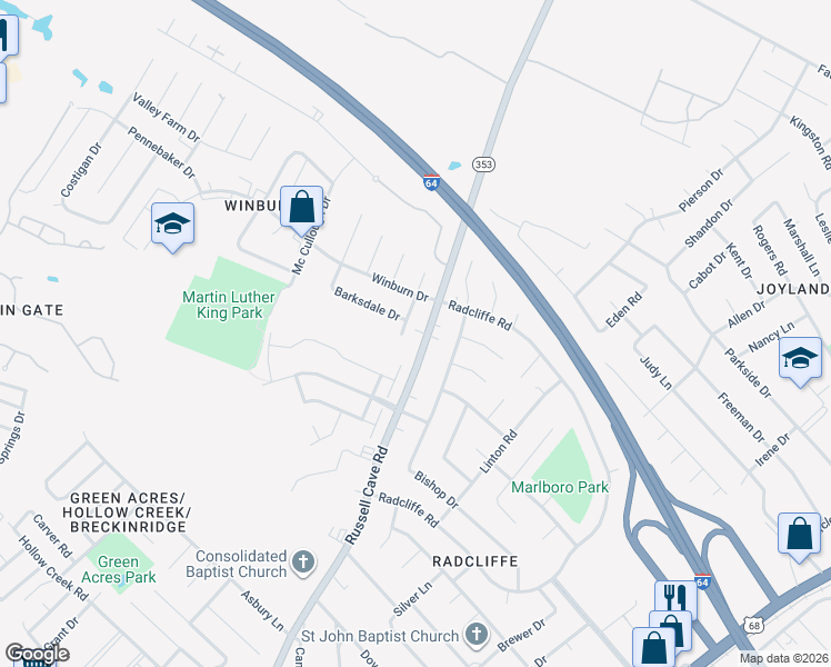 map of restaurants, bars, coffee shops, grocery stores, and more near 1845 Russell Cave Road in Lexington